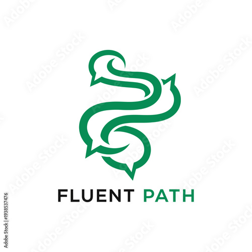 Green speech bubble winding path logo for language translation or communication agency Fluent Path