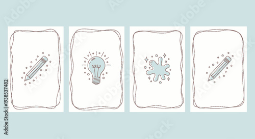 Creative Idea Generation: Drawing, Lightbulb, Sparkle Icons in Hand-Drawn Frames