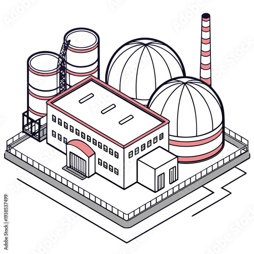 A detailed illustration of a nuclear power plant with cooling towers and a reactor building