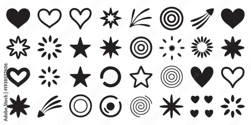 Fototapeta premium Extensive set of hand-drawn doodle hearts, stars, abstract shapes, and shooting stars. Vector elements for diverse creative and decorative applications.