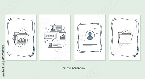 Digital portfolio concept, resume, profile, documents, data charts, icons, and folders