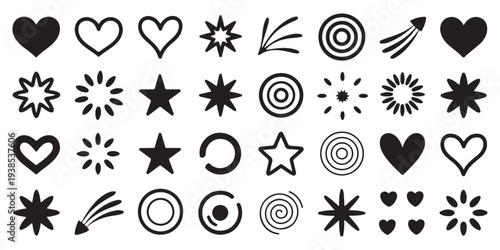 Extensive set of hand-drawn doodle hearts, stars, abstract shapes, and shooting stars. Vector elements for diverse creative and decorative applications.