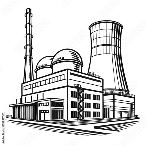 A black and white illustration of a nuclear power plant with cooling towers and a reactor building