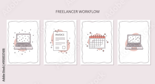 Freelancer Workflow: Laptop, Invoice, Calendar Icons Set