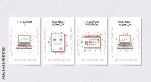 Freelancer Workflow: Laptop, Calendar, Document, Graph - Set of Icons