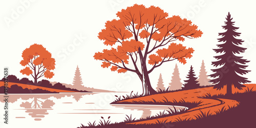 Vibrant autumn trees reflecting on a calm lake with a distant mountain view Vector