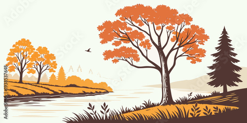 A serene autumn landscape with vibrant trees and a peaceful forest scene Vector