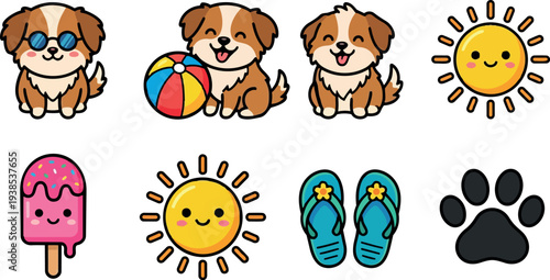 Flat design kawaii puppy summer icon set with sunglasses beach ball popsicle smiling sun flip flops vector sticker paw print