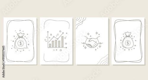 Business growth and finance icons: money bag, chart, and handshake doodles