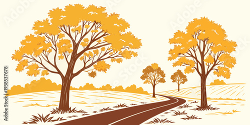 A serene autumn landscape with trees shedding their leaves. Vector