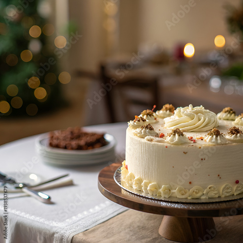 Delicious Creamy Dessert Cake with Swirls of Frosting on Display, Festive cream cake with snowflake decorations near fireplace, Cake with white frosting, cram icing on top


