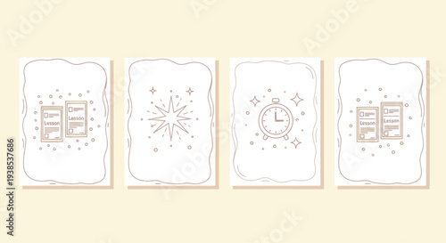 Minimalist Line Art: Checklist, Starburst, Alarm Clock, and Document Icons on Beige Background