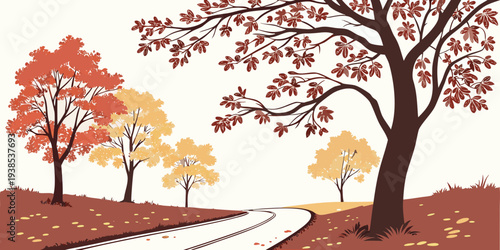 A serene autumn landscape with trees shedding their leaves in a peaceful forest. Vector