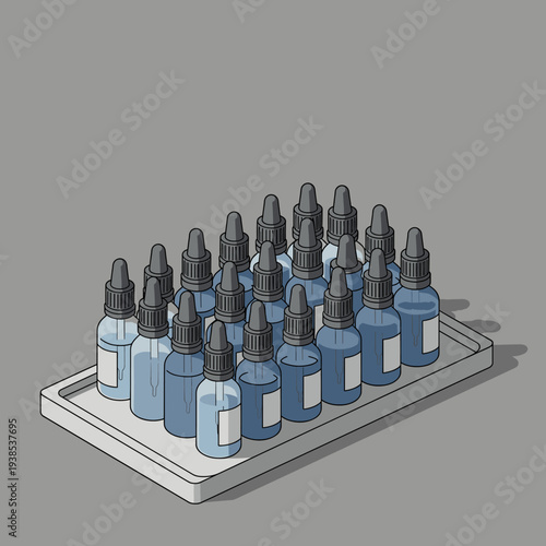 An isometric illustration of numerous small dropper bottles filled with blue liquid, neatly arranged on a white rectangular tray.