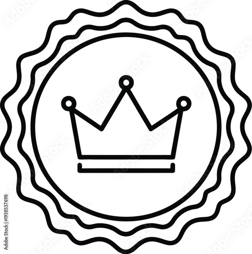 Royal crown symbol outlined inside a circular, scalloped badge represents premium quality achievement or regal status verification.