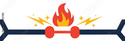Burning electrical cable with sparks and fire, power failure hazard illustration, damaged wiring concept, energy overload warning, electricity danger safety risk vector design