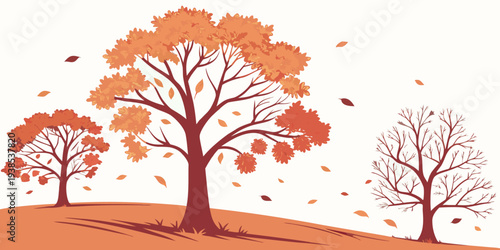 A serene autumn landscape with trees shedding their orange leaves in a gentle breeze Vector