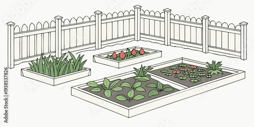 A detailed architectural drawing of a house with a large garden and patio area Vector