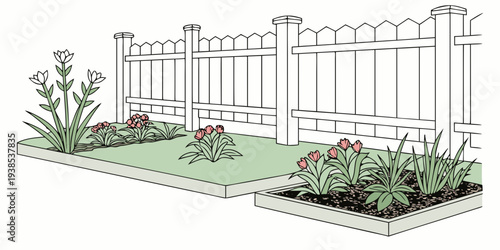 A serene garden scene with a white picket fence and lush green plants. Vector