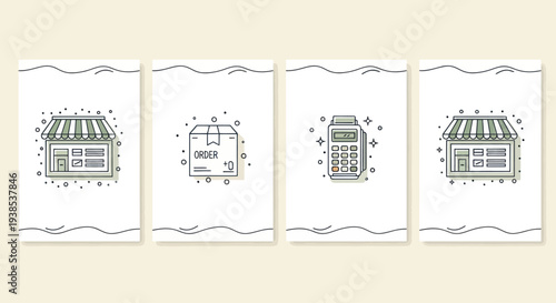 Small Business Icons: Storefront, Package, Payment Terminal, Storefront