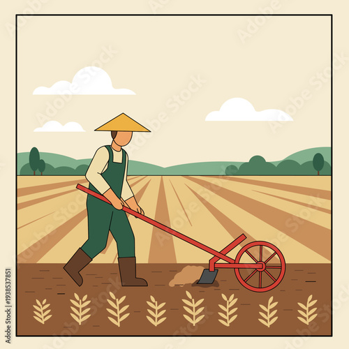 A farmer in a conical hat plowing a field with a manual cultivator.