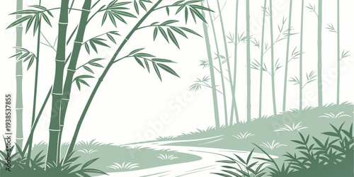 A serene landscape of bamboo trees standing tall in a misty forest clearing. Vector