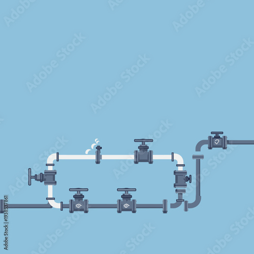Illustration of a complex industrial plumbing system with valves and pipes against a blue background.