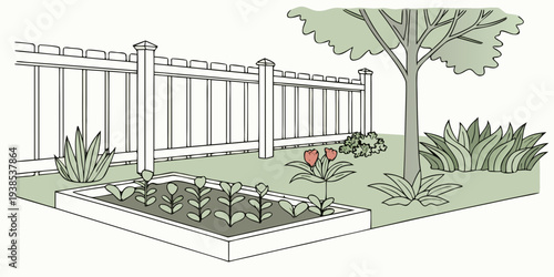A serene garden scene with a wooden bench and a tree providing shade. Vector