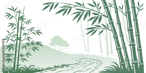 Serene bamboo forest with misty mountains in the background and a calm lake in the foreground Vector