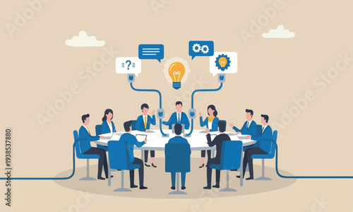 Communicate, meeting to get new idea, collaboration or cooperate to success, connect idea for solution concept, businessman connect plug between conversation dialogue