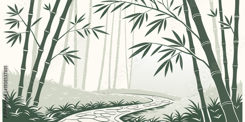 A serene bamboo forest with sunlight filtering through the leaves Vector