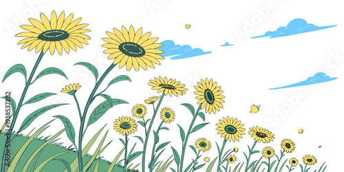 A vibrant field of sunflowers under a clear blue sky with fluffy white clouds Vector