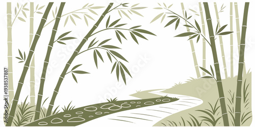 Serene bamboo trees reflecting on a calm, clear river in a lush, green landscape. Vector