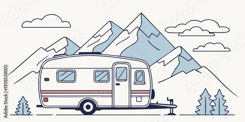 A vintage camper van parked in front of a scenic mountain landscape Vector