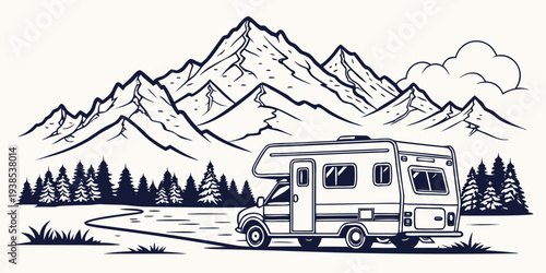 A serene mountain landscape with a cozy cabin nestled in the woods Vector