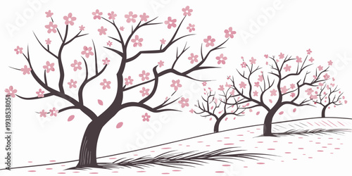 Two bare trees with pink blossoms in a serene landscape setting Vector