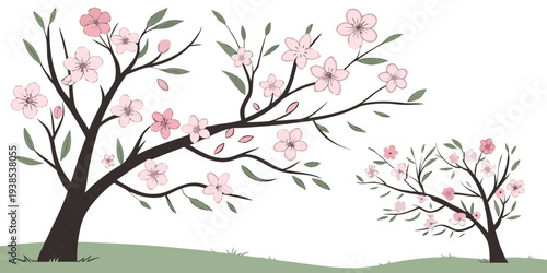 A serene scene of a tree with pink blossoms and a bird perched on a branch Vector