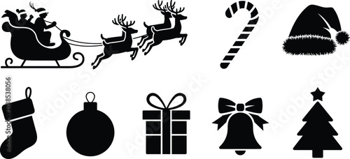 Black and white illustration of Christmas icons including Santa sleigh with reindeer, candy cane, hat, stocking, ornament, gift, bell, and decorated tree concept design