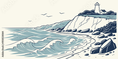 A serene coastal scene with waves crashing against a rugged shoreline Vector