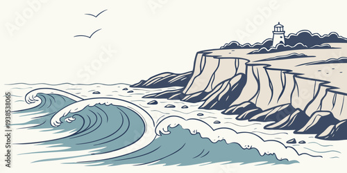 A dramatic seascape with towering waves crashing against a rocky coastline Vector