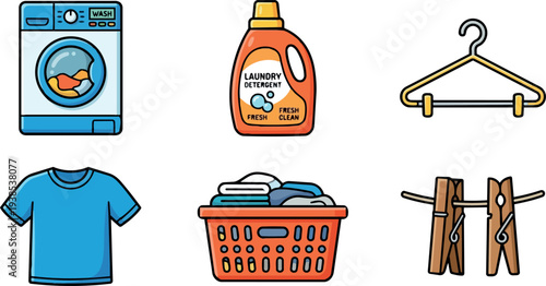 Flat design set of six laundry icons showing front load washer with spinning clothes, detergent bottle, blue t shirt, basket, hanger, clothespins