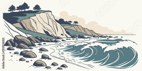 A dramatic seascape with waves crashing against rugged cliffs under a stormy sky Vector