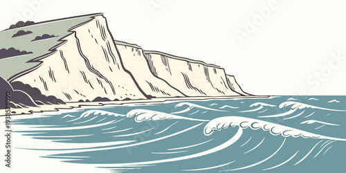 A serene coastal scene with waves crashing against a rugged cliffside Vector