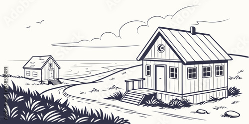 A serene countryside scene with a charming farmhouse and a rustic barn. Vector