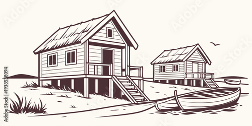 A quaint village scene with houses, a church, and a windmill under a clear sky. Vector