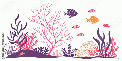 Vibrant underwater scene with colorful fish and coral reefs in clear blue water. Vector