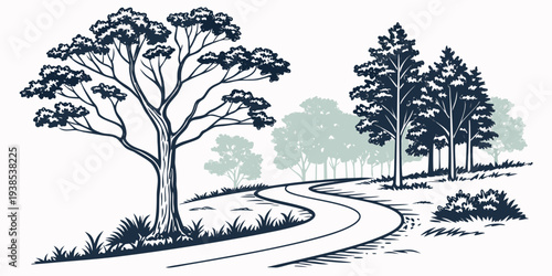 A serene countryside scene with winding road and lush trees Vector