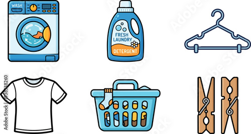 Flat design laundry icons set showing washing machine with spinning clothes, detergent bottle, hanger, t shirt, basket and clothespins outlined vector