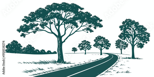 A winding road leading through a lush forest with tall trees and a clear sky. Vector