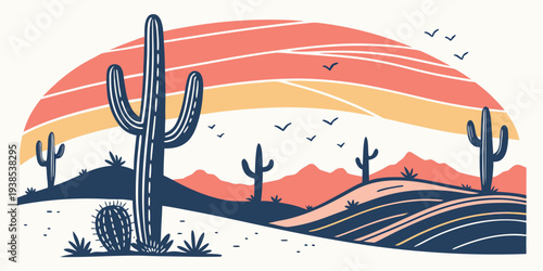 Vibrant sunset over a desert landscape with cacti and mountains in the background Vector